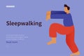 Young man sleepwalking website concept. Modern flat vector illustration